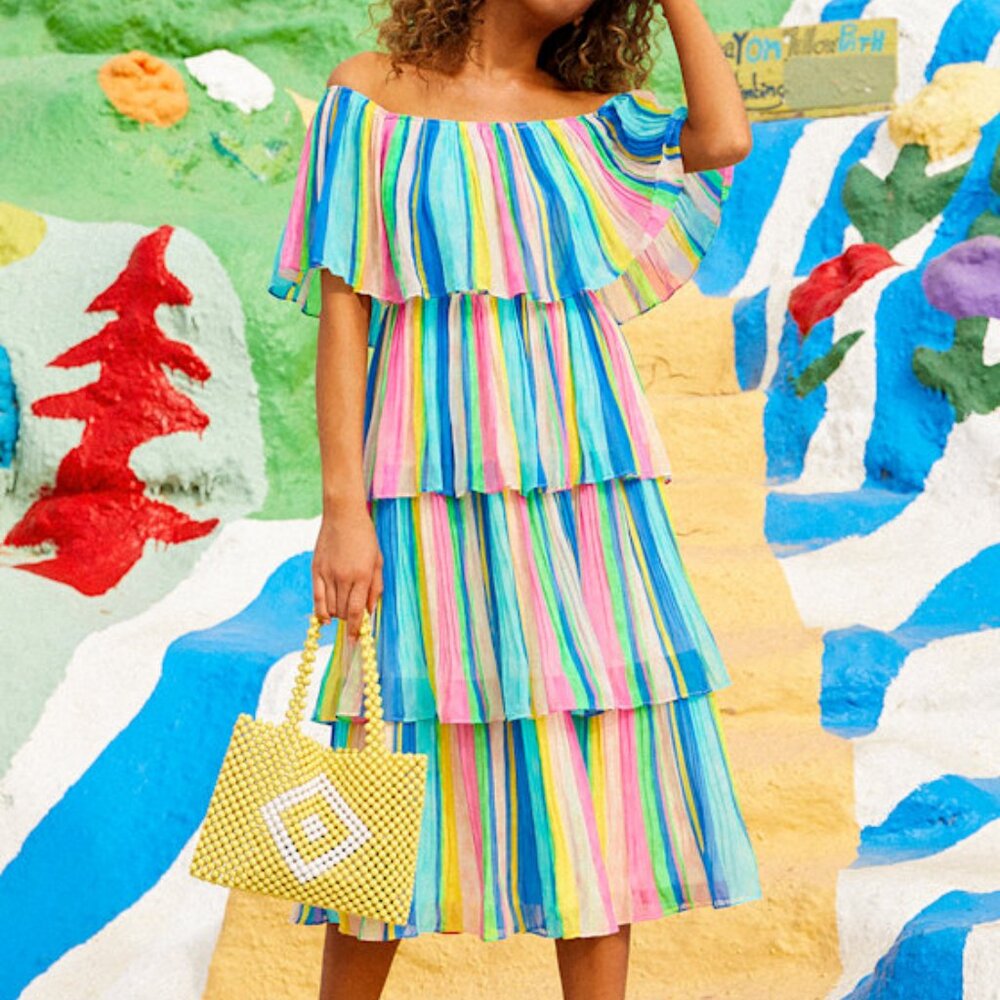 Lulus Gala Ready Multi Stripe Print Off-the-shoulder Ruffle Midi Dress Pink